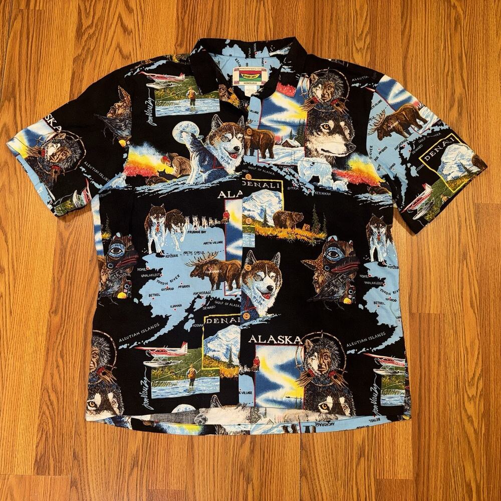 Vintage Banana Jack Alaska Print Husky Native Hawaiian Aloha Button Up Men's XL